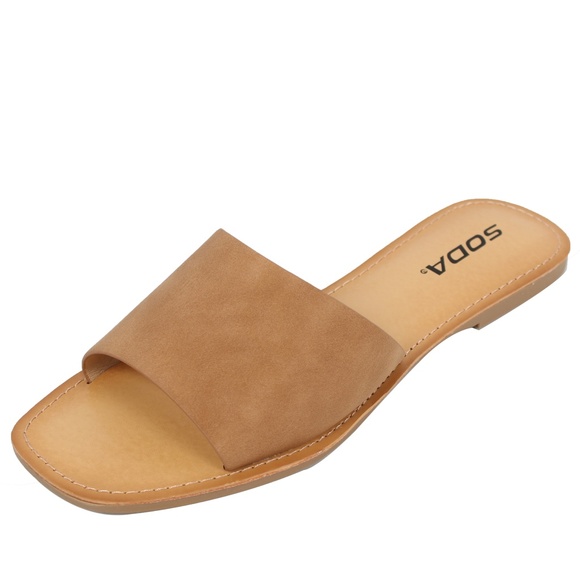 Coffee Open Toe Slip On Flat Sandal - Picture 2 of 6